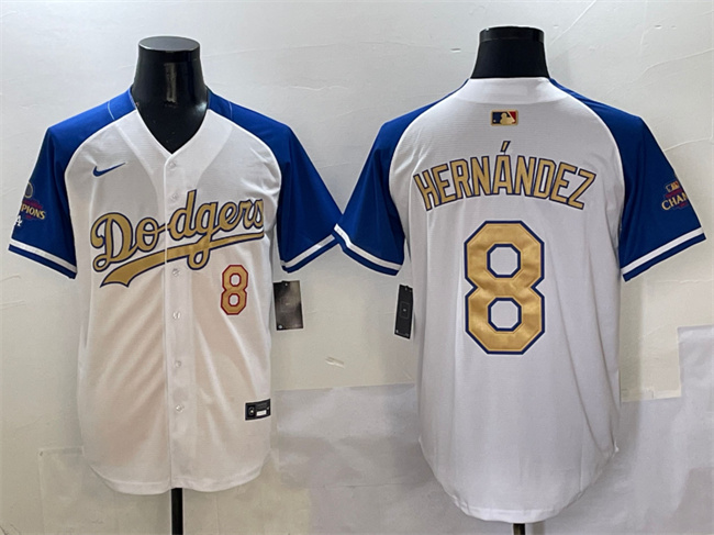 Men's Los Angeles Dodgers #8 Enrique Hernández White/Royal/Gold 2024 World Series Champions Vapor Limited Stitched Baseball Jersey